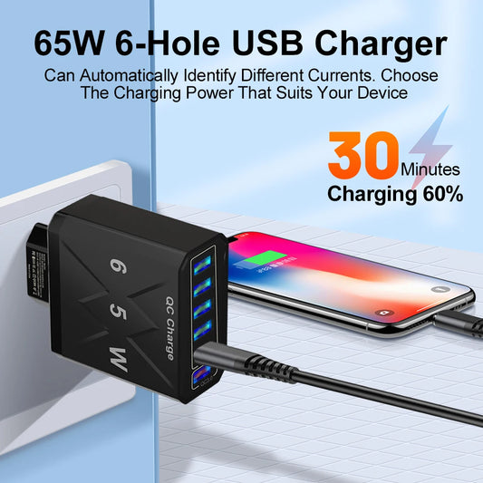 65W 6 Ports USB Charger Fast Charging QC3.0 Travel Charger